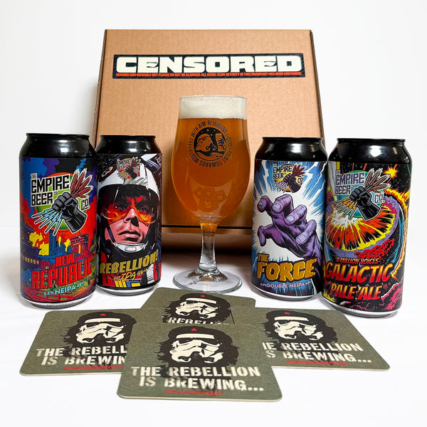 Stormtrooper beer. The empire beer. Empire gift pack, 4 440ml can pack. Beer gift pack. Gift pack with glass. Galactic Pale Ale GPA. The Force. Rebellion. New Republic. Beer mats. Beer gift pack with glass