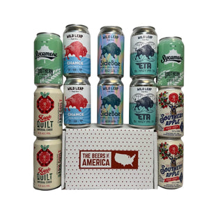 Beers Of America. Full Spectrum gift pack, Full Spec. 12 can pack. Beer gift pack. Apple Quilt, Southern apple, Southern Girl, Chance IPA, SideBae, ETA Hazy IPA. Apperlacian Mountain Cidery, Wild Leap, Sycamore