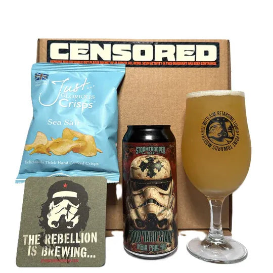 The Empire Beer, Stormtrooper beer. Star wars. Beer Gift Pack. 1000 yard stare. India Pale Ale. Glorious Crisps. Gift pack with beer and beer mats. Beer glass gift pack
