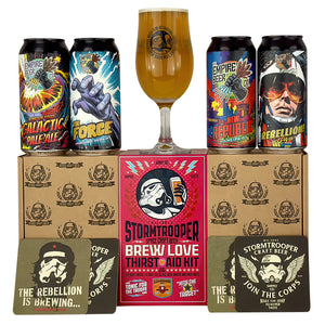 Stormtrooper beer. The empire beer. Brew Love gift pack, 4 440ml can pack. Beer gift pack. Gift pack with glass. Galactic Pale Ale GPA. The Force. Rebellion. New Republic. Beer mats. Beer gift pack with glass