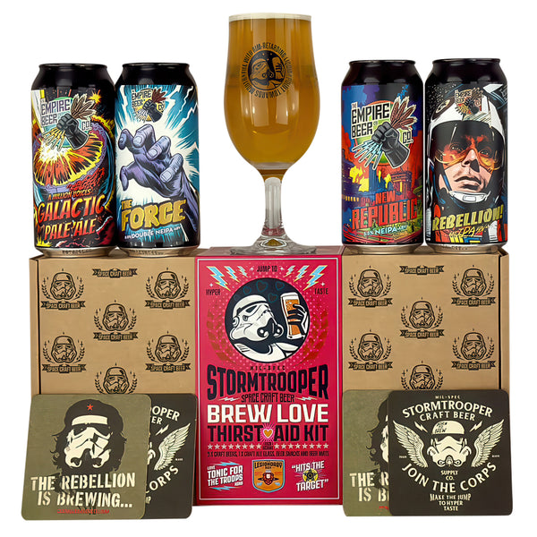 Stormtrooper beer. The empire beer. Brew Love gift pack, 4 440ml can pack. Beer gift pack. Gift pack with glass. Galactic Pale Ale GPA. The Force. Rebellion. New Republic. Beer mats. Beer gift pack with glass