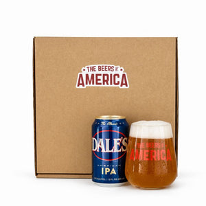 Dale's IPA can and glass with 'The Beers of America' branding on a cardboard box.