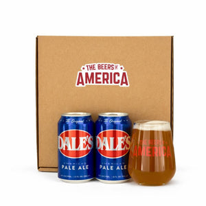 Two cans of Dale's Pale Ale and a glass with a beer inside, all branded 'The Beers of America' on a cardboard box.