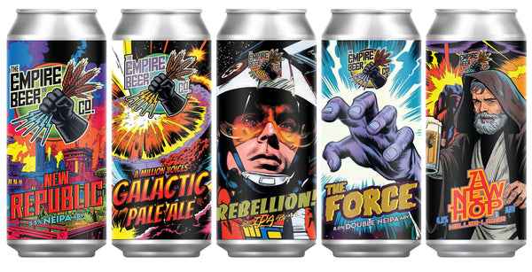 Collection of five  beer cans with Star Wars-themed designs on a white background