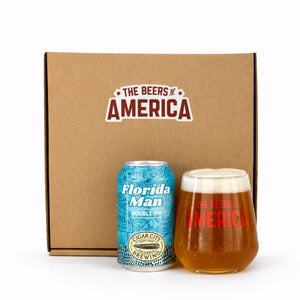 Florida man Beer can and glass with 'The Beers of America' branding on a white background