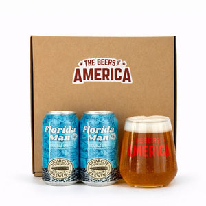 Two cans of 'Florida Man' beer and a glass with 'The Beers of America' branding on a white background.