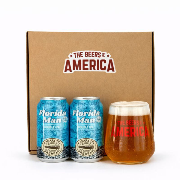 Two cans of 'Florida Man' beer and a glass with 'The Beers of America' branding on a white background.