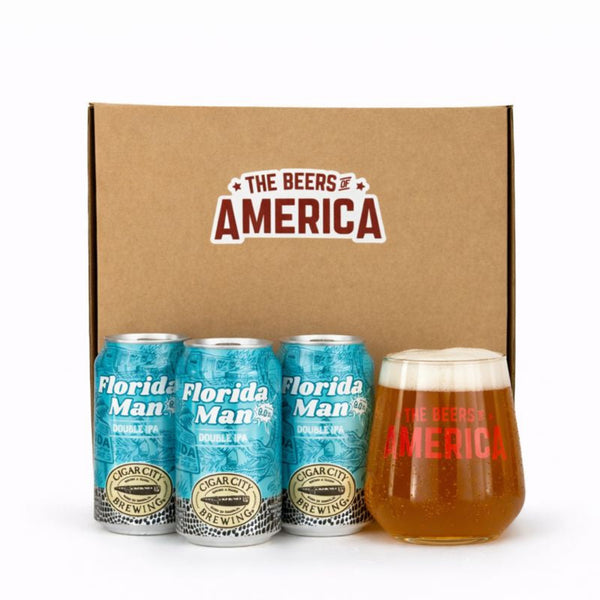 Three cans of 'Florida Man' beer and a glass with 'The Beers of America' branding on a white background.