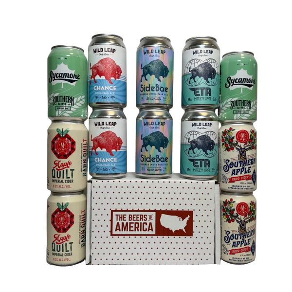 Beers Of America. Full Spectrum gift pack, Full Spec. 12 can pack. Beer gift pack. Apple Quilt, Southern apple, Southern Girl, Chance IPA, SideBae, ETA Hazy IPA. Apperlacian Mountain Cidery, Wild Leap, Sycamore