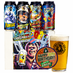Collection of 'Star Wars' themed beer cans and a glass of beer with a 'Happy 30th Birthday' label.