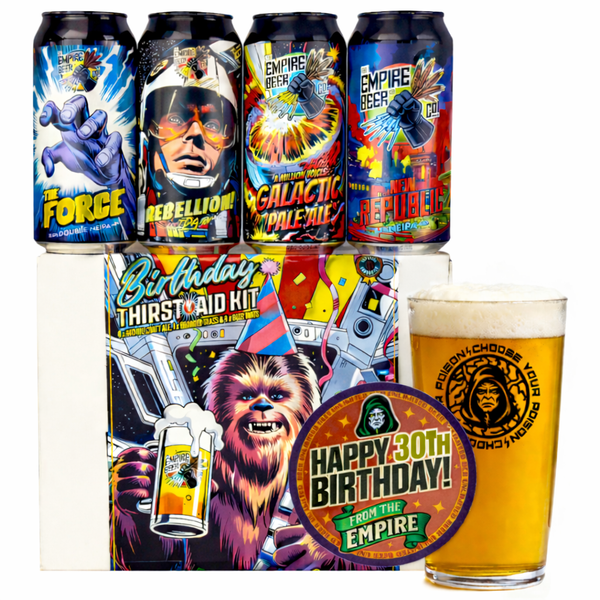 Collection of 'Star Wars' themed beer cans and a glass of beer with a 'Happy 30th Birthday' label.