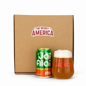 Jai Alai IPA can and glass with 'The Beers of America' branding on a cardboard box.