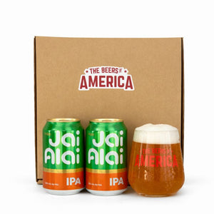Two cans of Jai Alai IPA and a glass of beer in front of a 'The Beers of America' box.