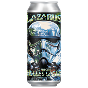 The Empire beer. Stormtrooper beer. Lazarus, Hells Lager, 4% ABV. 440ml Craft ale beer can. Premium Craft beer. Beer can