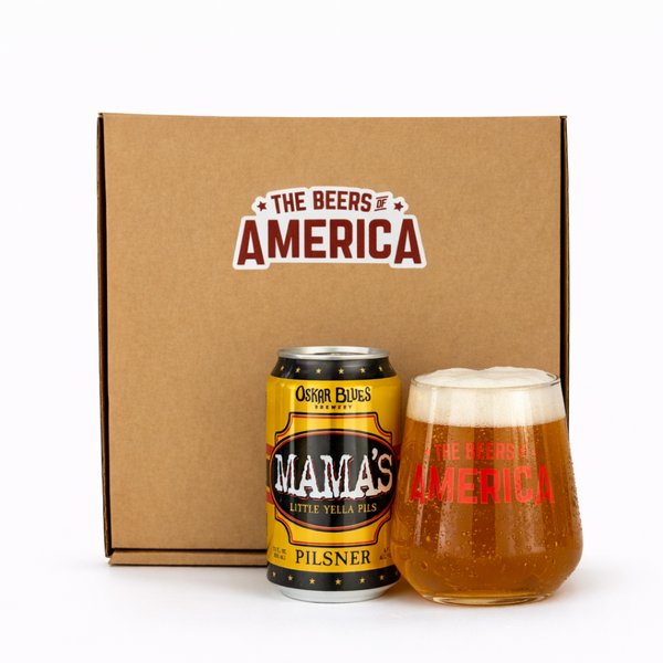 Oskar Blues Oskar Blues Mama's Little Yella Pilsner can and glass with 'The Beers of America' branding on a cardboard box.