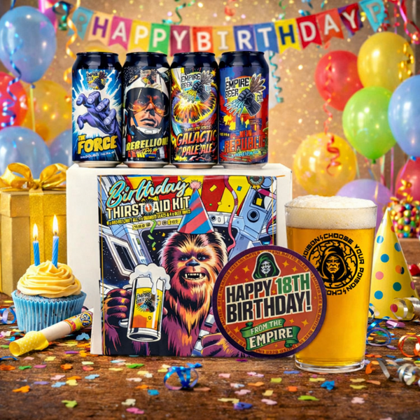 Happy 18th Birthday celebration with beer cans, a birthday card, and a glass of beer on a table with balloons and confetti.