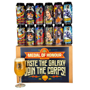 Collection of Star Wars-themed beer cans with a glass of beer in front on a white background all 440ml 