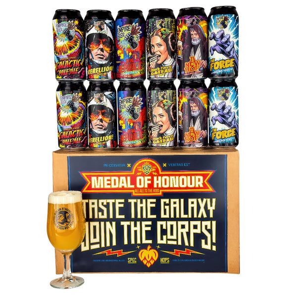 Collection of Star Wars-themed beer cans with a glass of beer in front on a white background all 440ml 
