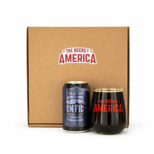 Beer can and glass with 'The Beers of America' branding on a cardboard box.