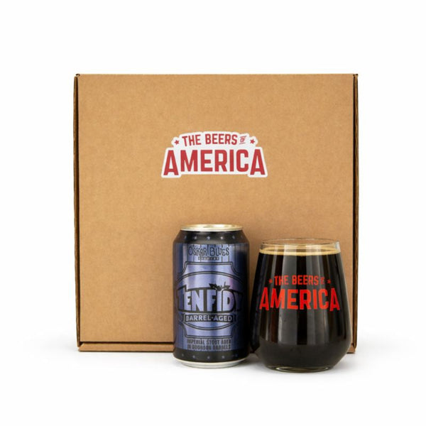 Beer can and glass with 'The Beers of America' branding on a cardboard box.