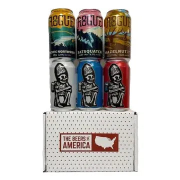 Beers Of America. Beer Gift Pack. Rogue Beer Gift Pack. 330ml beer gift pack. pack of 6 beer. Rogue Pacific northwest, Batsqatch, Hazelnut, Dead Guy Pilsner, Dead Guy IPA, Dead Guy Imperial IPA
