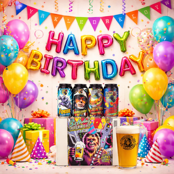 Birthday-themed party setup with balloons, banners, and a beer can kit.