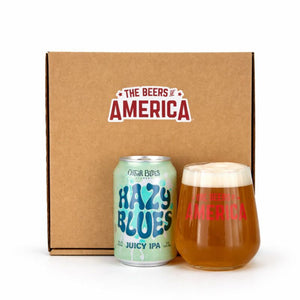 Beer can and glass with 'The Beers of America' branding on a white background