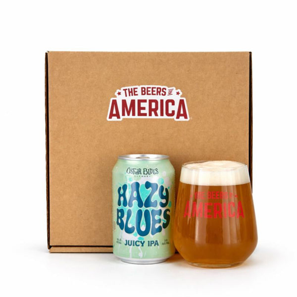 Beer can and glass with 'The Beers of America' branding on a white background